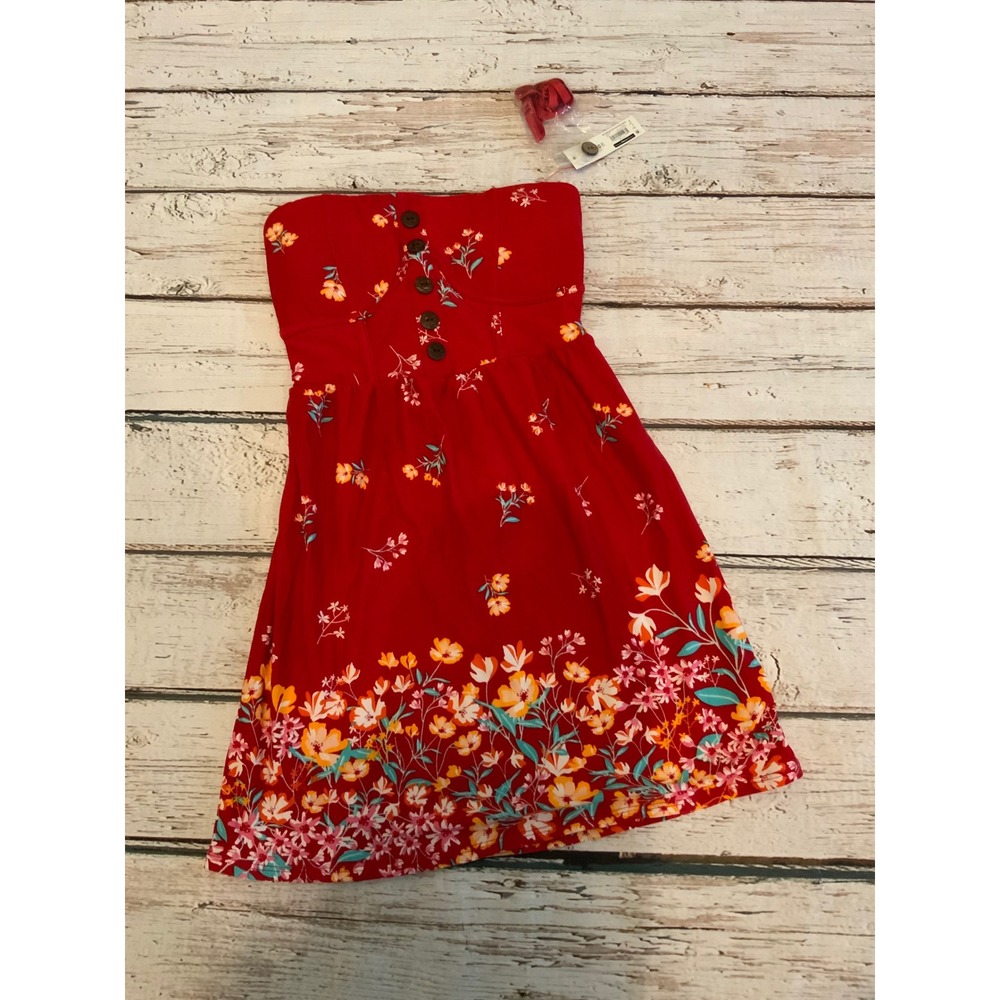 No Boundaries Red Floral Strapless‎ Mini Dress Fairy XS Coquette Sundress NWT